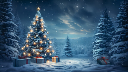 Beautiful Christmas tree with gift boxes in winter landscape, illustration. space for text