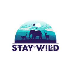 Stay wild logo design vector, Wildlife animals and nature illustration vector logo