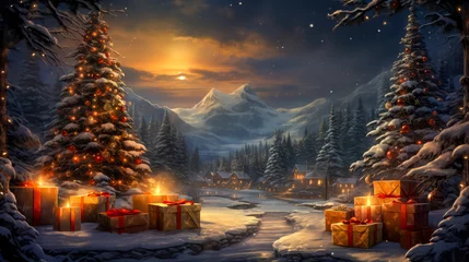 Foto op Canvas Beautiful Christmas tree with gift boxes in winter landscape, illustration. space for text © zamuruev