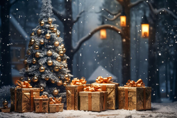 Beautiful Christmas tree with gift boxes in winter landscape, illustration. space for text