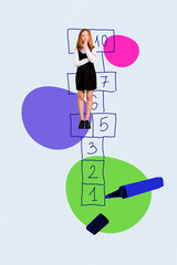 Vertical collage image of minded mini girl brainstorming stand hopscotch numbers game big marker...