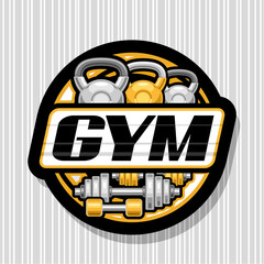 Vector logo for Sport Gym, dark decorative sign board with illustration of group variety orange dumbbells and steel kettlebells for gym, unique brush lettering for text gym on grey striped background - obrazy, fototapety, plakaty