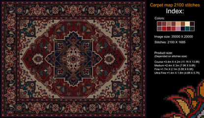 Colorful carpet pattern for knitting cross stitch, carpet, rug, fabric, knitting, etc., with mosaic squares and grid guidelines. 2100 stitches. Read the index to learn the details.