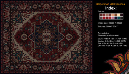 Colorful carpet pattern for knitting cross stitch, carpet, rug, fabric, knitting, etc., with mosaic squares and grid guidelines. 2800 stitches. Read the index to learn the details.