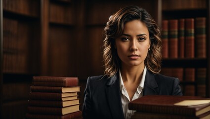 A woman reading in front of a bookshelf