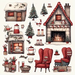 Illustration of Christmas house, Christmas tree, Christmas elements on white background, Christmas elements clipart