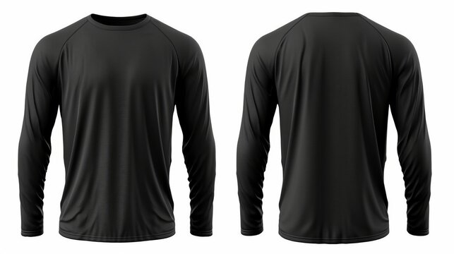 Black long sleeve t-shirt front and back view isolated on white background