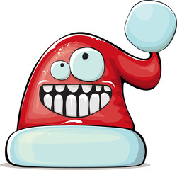 Vector cartoon Santa Claus red hat with smile face isolated on white background. Childrens Merry Christmas greeting card with funny monster Santa hat. Santa red hat character isolated