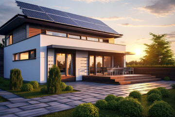 The exterior of a modern low-rise country house with solar panels installed on the roof. Alternative energy sources.