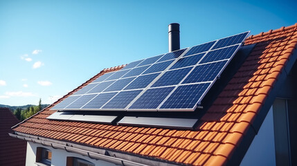 Solar panels installed on the roof of a low-rise residential building. Green energy.