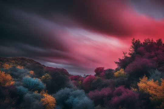A late pink sunset over a fantastic forest. Colorful tree crowns.
