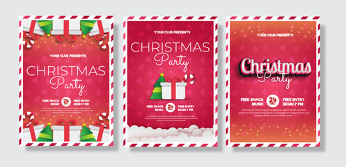 Set of Christmas party poster template with gift, tree, candy and other