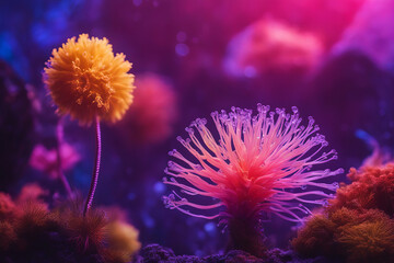 Fototapeta premium Macrocosm, the macroscopic world a furry virus on a stalk and a microorganism with large tentacles under a microscope.