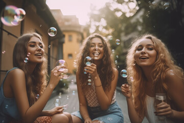 A group of friends, girls blowing soap bubbles in the open air. The concept of friendship and having fun together. Generative Ai, Ai.