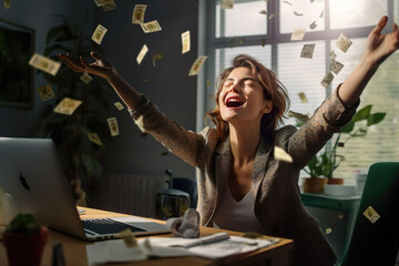 Fototapeta premium Business Success. Young Happy Businesswoman Celebrating Success With Laptop In Office