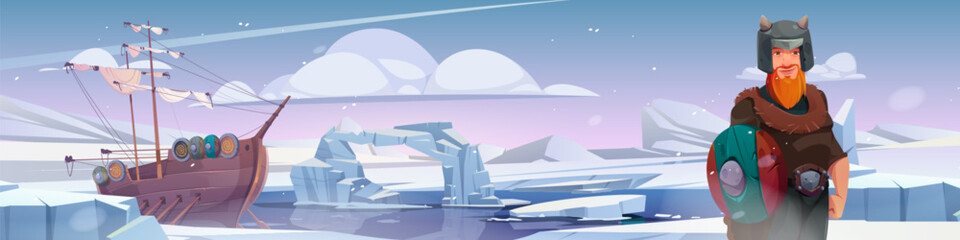 Viking frozen north pole ice landscape background. Norman travel on ship near iceberg antarctica illustration. Scandinavian character design in freeze sea nature environment. Northern outdoor scene © klyaksun