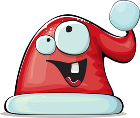 Vector cartoon Santa Claus red hat with smile face isolated on white background. Childrens Merry Christmas greeting card with funny monster Santa hat. Santa red hat character isolated
