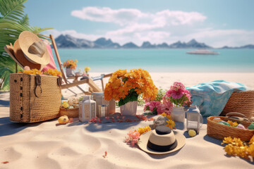 A tropical beach scene showcases sunbathing accessories, creating a summer holiday background. Generative Ai, Ai.