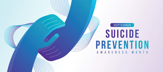 September, Suicide prevention awareness month - Teal purple hand hold hand care and connection to give hope on abstract lines blend curve around vector design