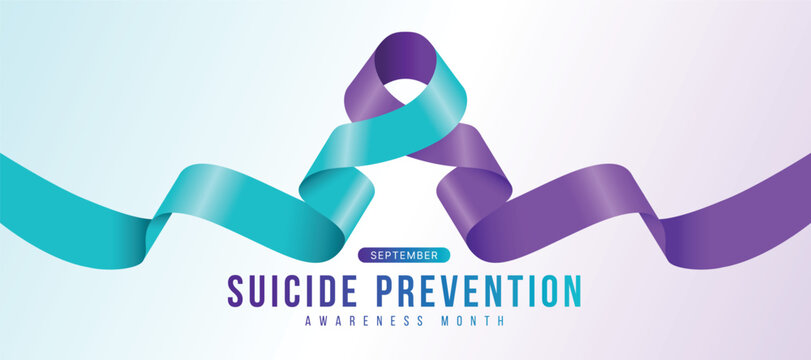 September, Suicide prevention awareness month - Text and Teal purple ribbon roll and waving sign on soft teal purple background vector design