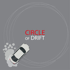 Drift car tire circle road. Drift car circling a road on a drift race show circle track with grunge scratches. Vector illustration. - obrazy, fototapety, plakaty