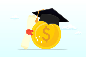 Dollar money coin with mortarboard graduation cap and certificate, education cost, tuition or scholarship, money for university or graduation, school expense or student debt, college diploma (Vector) - obrazy, fototapety, plakaty