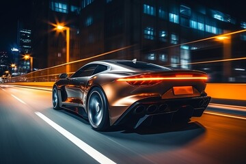 Obraz na płótnie Canvas Speeding car in the night. Traffic rushing through the streets. Futuristic luxury sports car