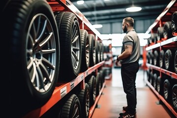 Obraz na płótnie Canvas Customer in car shop choosing new tires
