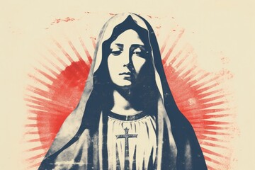 Digital illustration of the Virgin Mary in a halftone style.