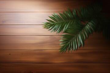 Palm leaves on wooden background. Top view with copy space.