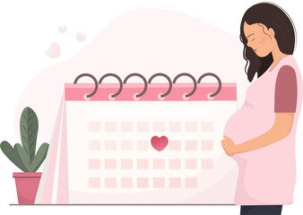 Pregnant woman with personal calendar, pregnancy planning and control calendar, women cycle tracker