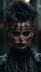 A woman with striking black makeup and elegant gold jewelry
