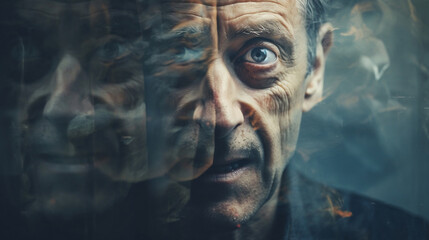 Multiple exposure face of a stressed mature man. Representing split personality or "voices in my head" concept. 