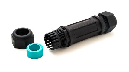 waterproof connector for thick electrical cables with visible cap and gasket. isolated white background