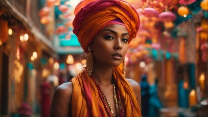 Obraz premium A woman wearing an orange turban standing in a vibrant street