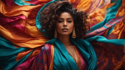 Fototapeta premium A woman wearing a vibrant blue and orange dress