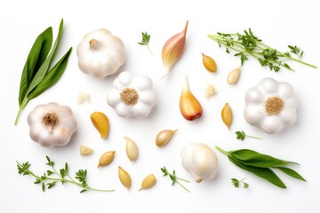 Obraz na płótnie Canvas garlic and herbs isolated on white background top view