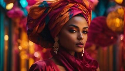 A woman with a stylish turban and elegant earrings - obrazy, fototapety, plakaty