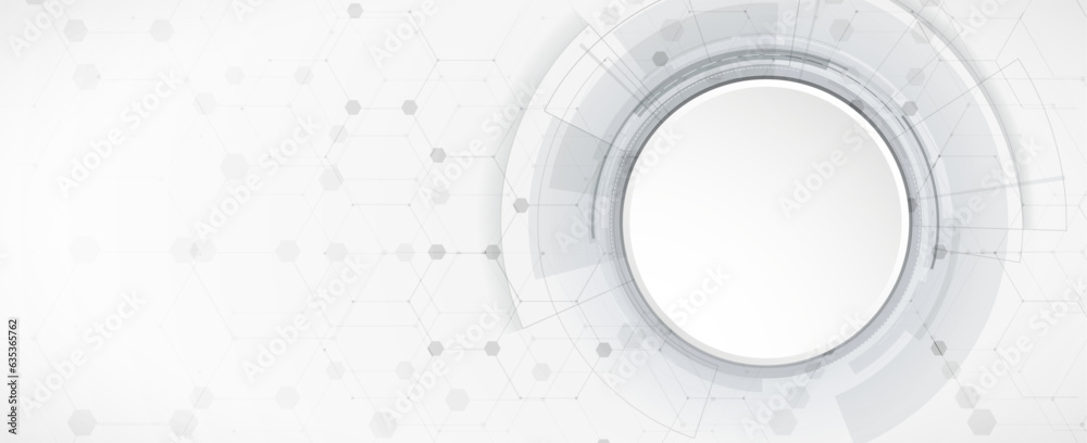 Poster technology banner design with hexagons abstract background.
