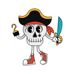 Halloween character skull in pirate costume with saber in 70s cartoon style. Funny character in retro style. Vector illustration isolated on white background