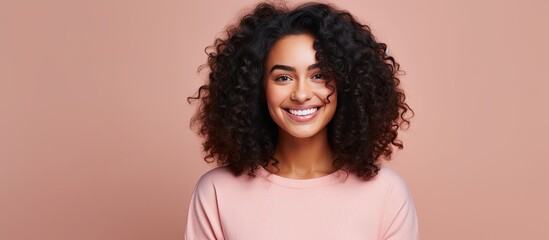 Confident and satisfied Hispanic woman smiling happily with a concept on copy space