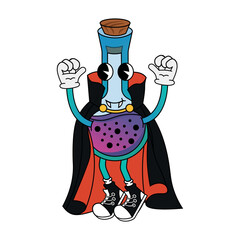 Halloween character potion bottle dressed as a vampire in 70s cartoon style. Funny character in retro style. Vector illustration isolated on white background