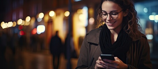 Caucasian woman using cellphone at night in city with neon lights in background