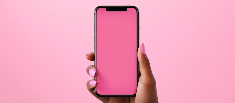 African American woman holding phone pink background online shopping concept