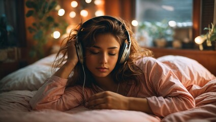 A woman enjoying music while relaxing in bed with headphones