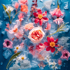 Fresh spring field flowers frozen with cold ice during cold winter days. Romantic floral background.