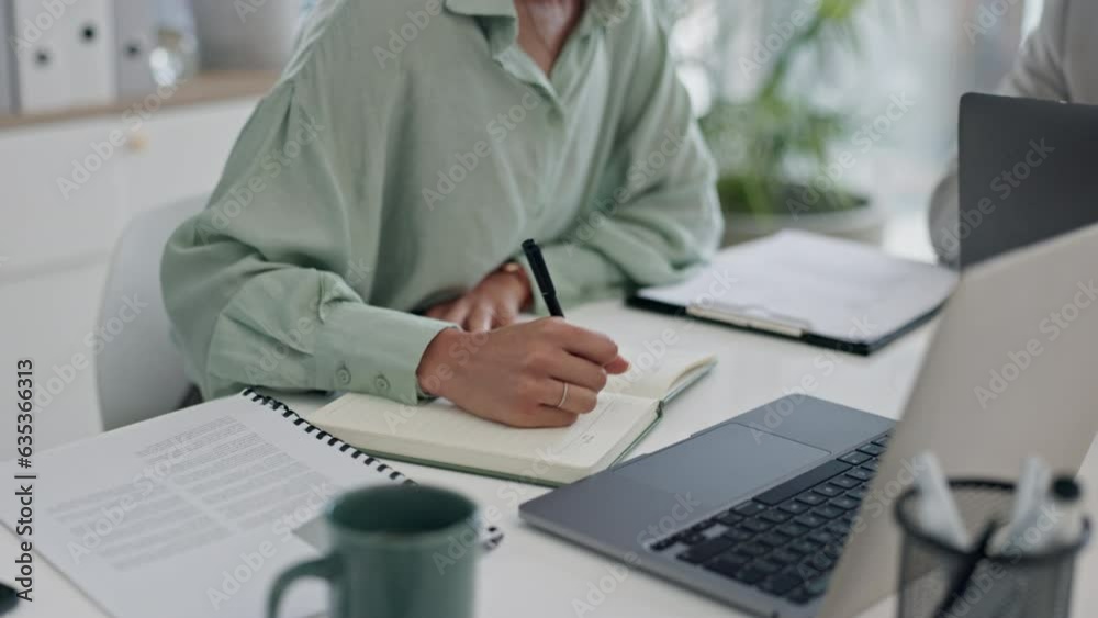 Poster Writing, schedule and hands of business person in office for planning, research and administration. Proposal, information and strategy with closeup of employee and notebook for solution and idea