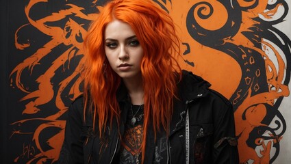 A woman with vibrant orange hair posing in front of a colorful wall