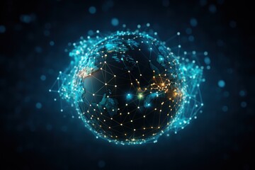 Obraz premium Earth view from space with abstract network grid and particles