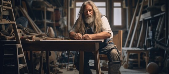 Fototapeta na wymiar Elderly craftsman with long hair making wooden leg prosthetics in workshop empty area for text